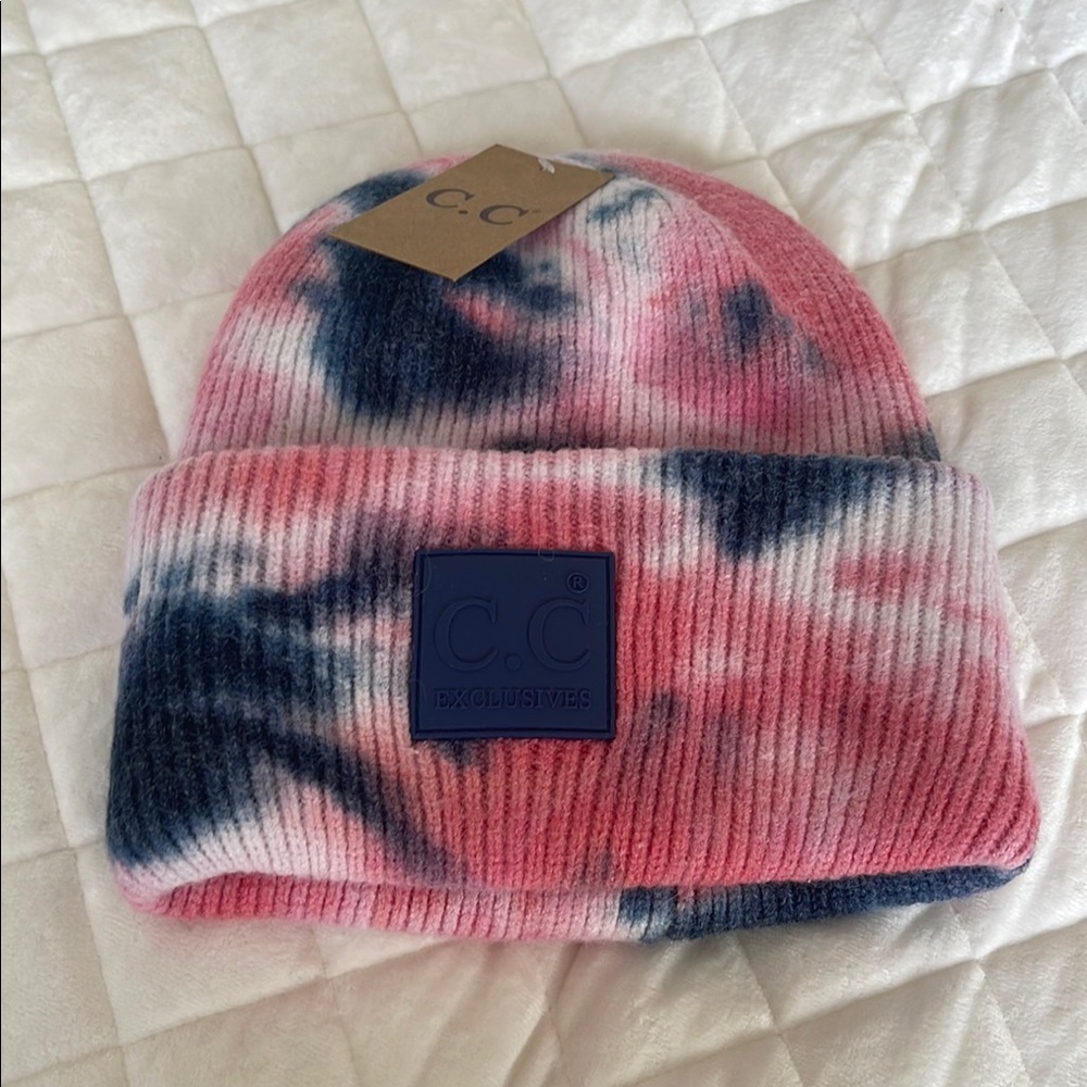 CC Tie-Dye Beanie Pink and Blue women’s hat warm stylish CC pink Beanie NWT